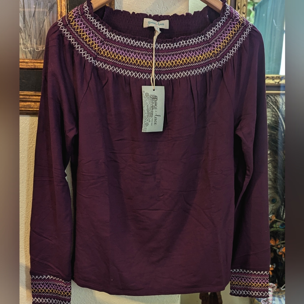 Nwt Grace & Lace Deep Purple Plum Blouse With Embroidery